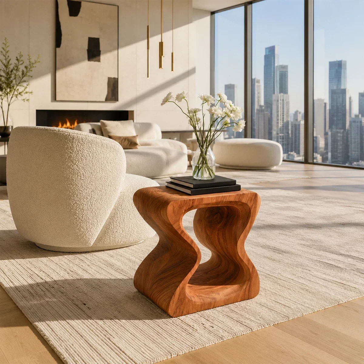 Sculptural end table with open curves and warm wood tone finish in a bright living room