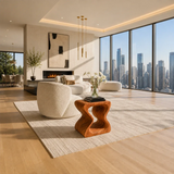 Organic modern side table styled beside curved seating in a refined city interior