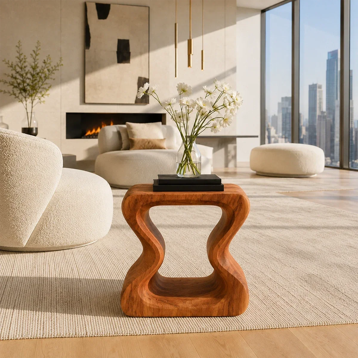 Accent end table featuring a sculpted frame and open center for modern home styling