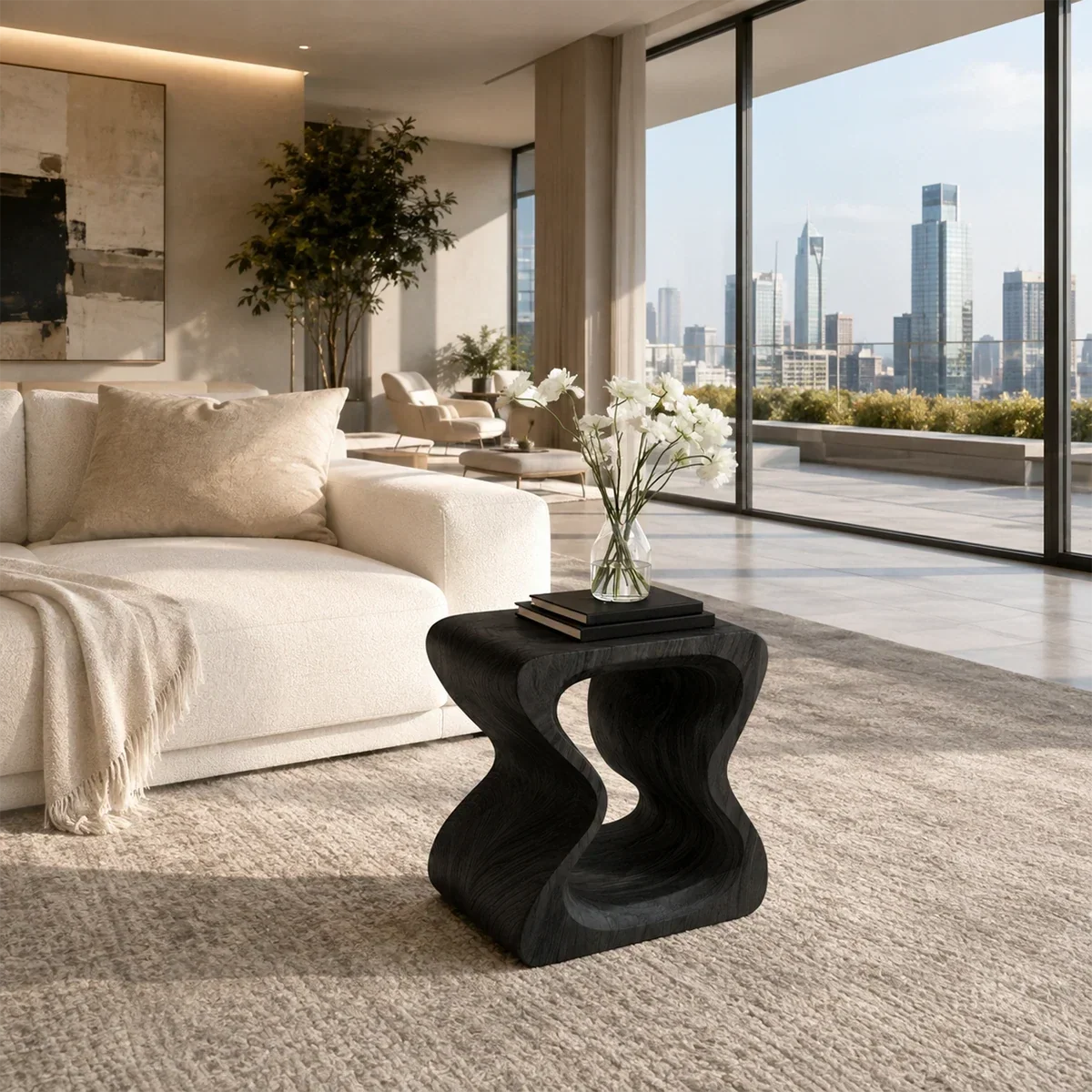 Contemporary end table showcases flowing curves and wood tone in an airy city interior