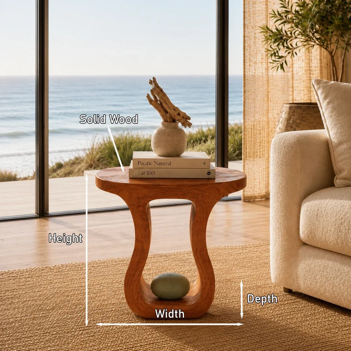 Minimalist side table with curved opening and compact profile for elegant living spaces
