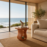 Organic modern side table with curved supports beside soft seating near ocean views
