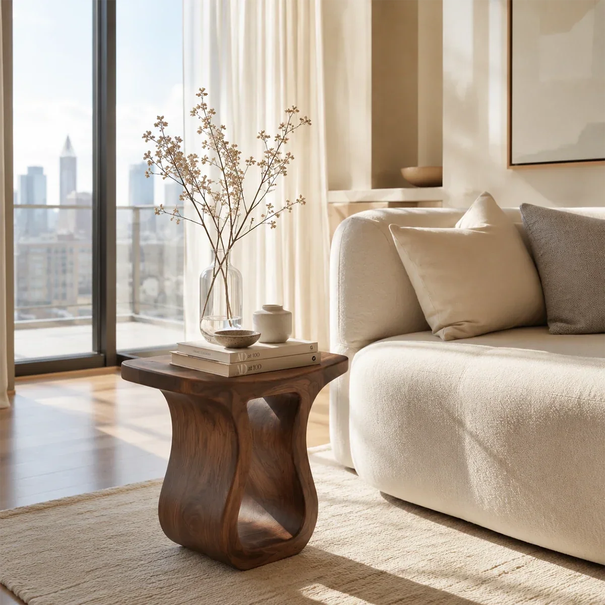 Statement end table with organic lines and open lower space in a serene living room