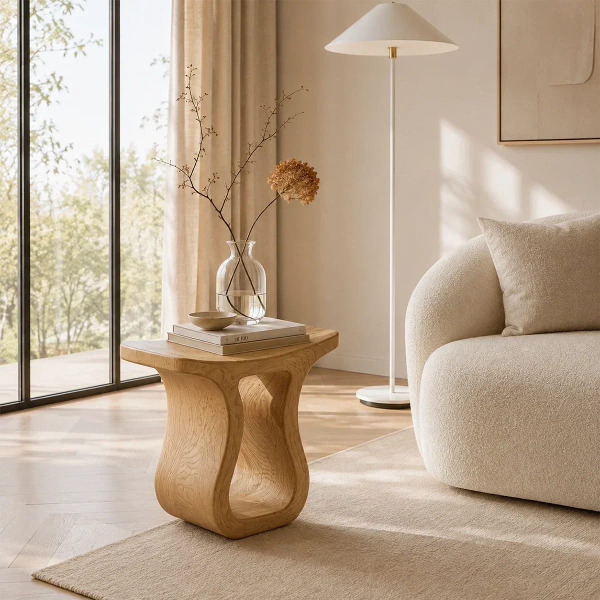 Luxury side table with sculpted frame and rounded top near bright coastal windows