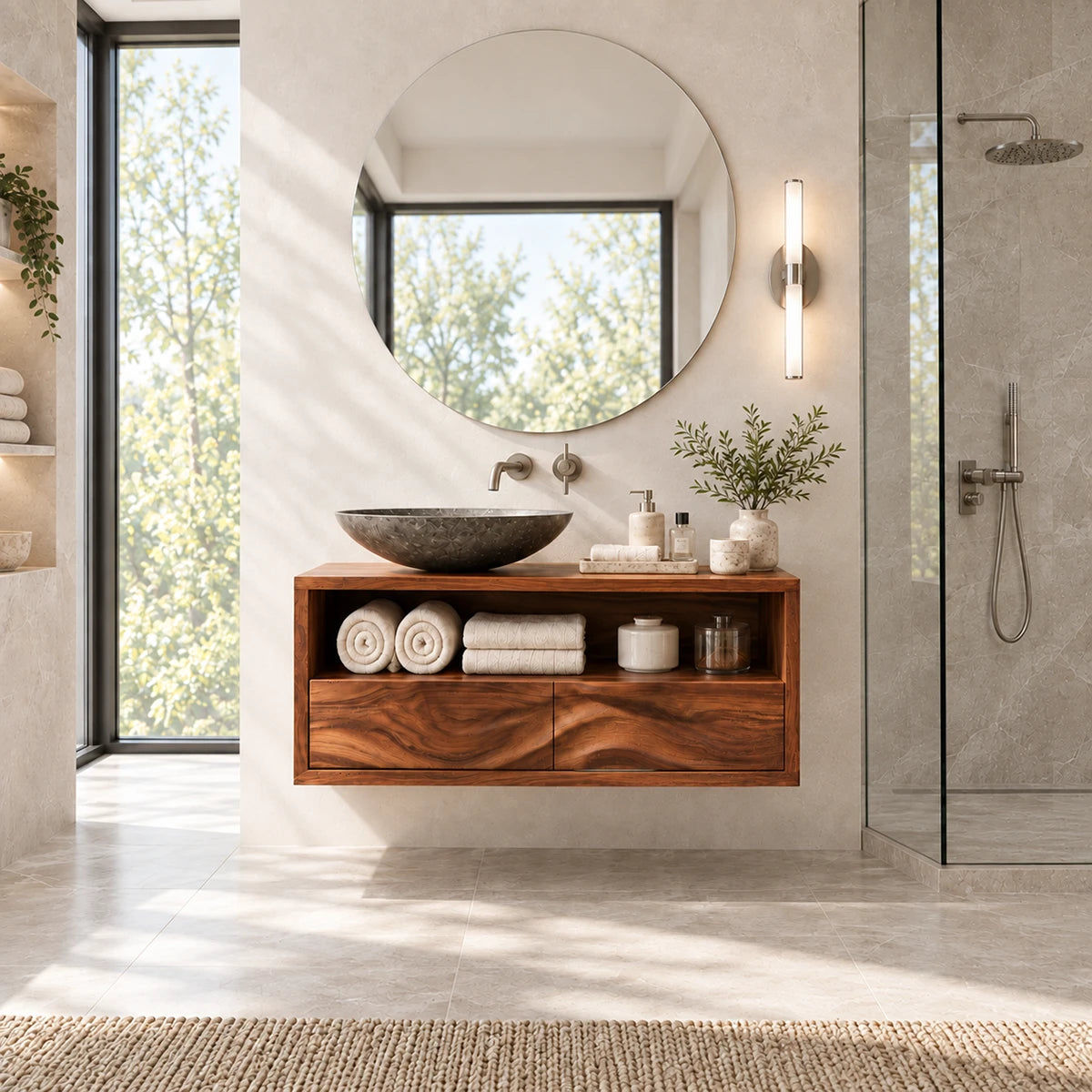 Natural solid wood vanity furniture with towel shelf and balanced drawer storage below