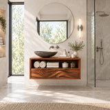 Natural solid wood vanity furniture with towel shelf and balanced drawer storage below