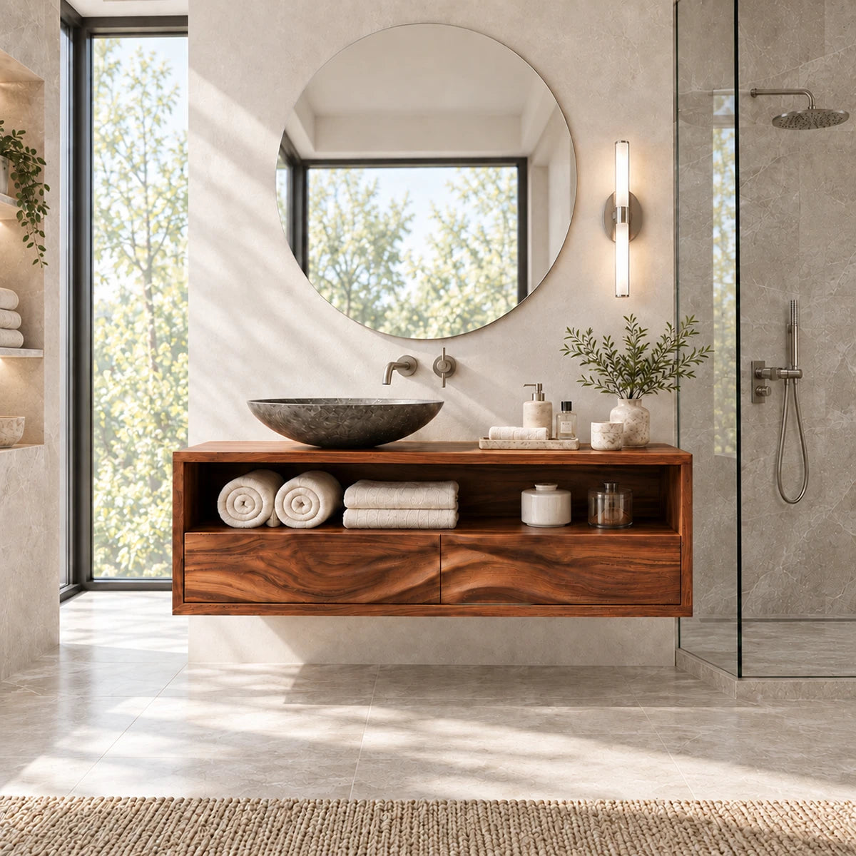 Gallery style bathroom cabinet in natural solid wood with open shelf and twin drawers