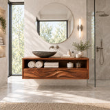 Gallery style bathroom cabinet in natural solid wood with open shelf and twin drawers