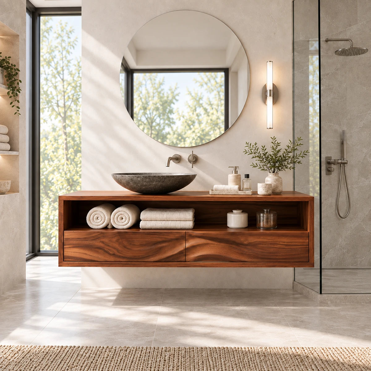 1. Clean lined bath vanity in natural solid wood with practical shelving and deep drawers