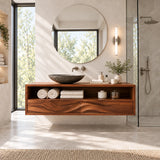 1. Clean lined bath vanity in natural solid wood with practical shelving and deep drawers