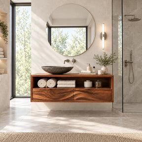 Floating bathroom vanity in natural solid wood with open shelf and two wide drawers below