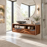 Streamlined bath vanity in natural solid wood with long open shelf and lower drawers