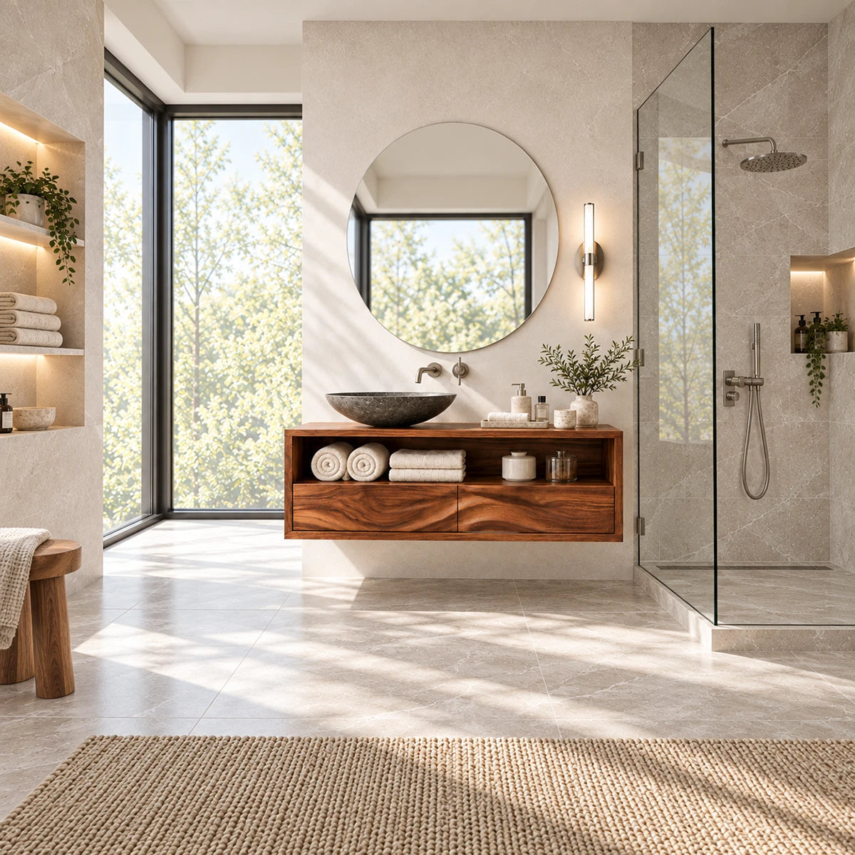 Open shelf bath vanity in natural solid wood with low-profile drawers and clean framing