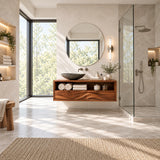 Open shelf bath vanity in natural solid wood with low-profile drawers and clean framing