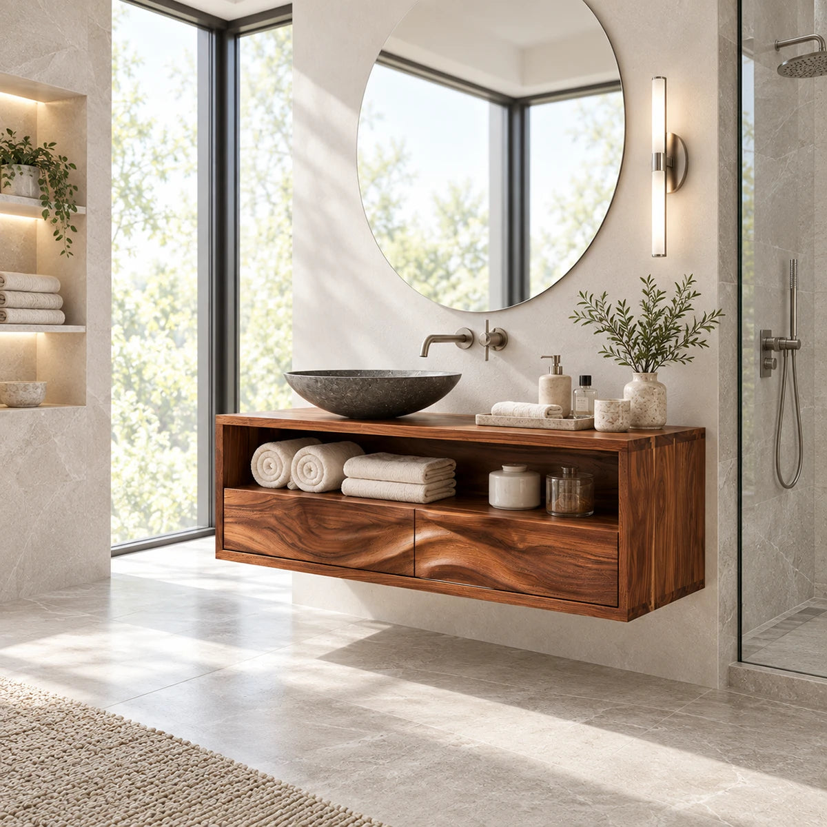 Wall mounted vanity cabinet in natural solid wood with towel shelf and drawer storage