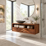 Wall mounted vanity cabinet in natural solid wood with towel shelf and drawer storage