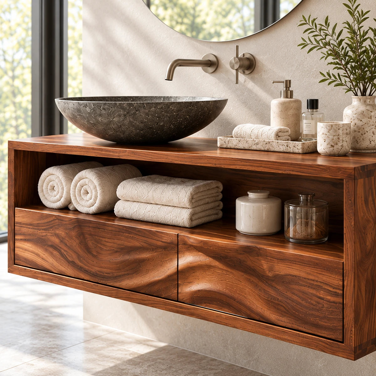 Natural solid wood bathroom vanity with open display shelf and broad lower drawers