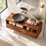 Minimal bath storage console in natural solid wood with airy shelving and two drawers