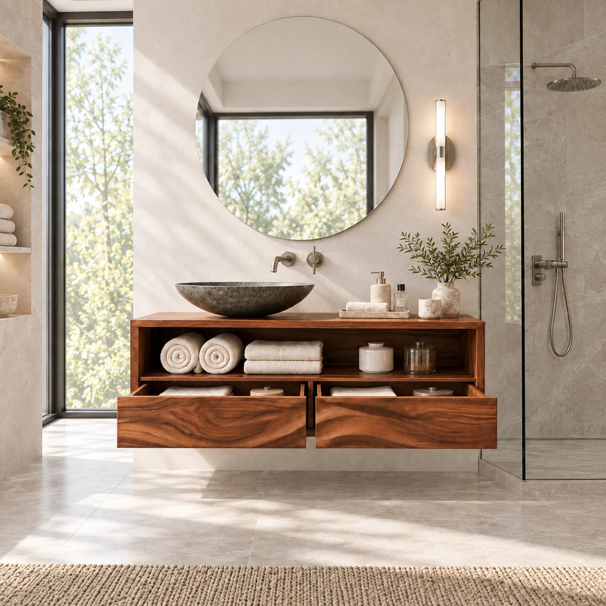 Contemporary bathroom vanity in natural solid wood with open storage above twin drawers