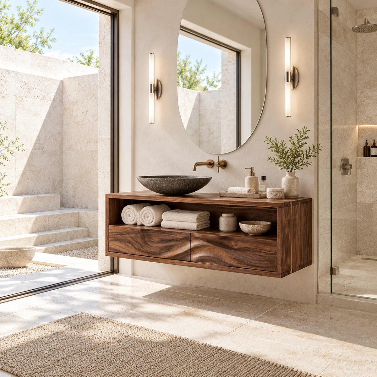 Refined bath cabinet in natural solid wood with wide shelf space and concealed drawers