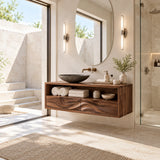 Refined bath cabinet in natural solid wood with wide shelf space and concealed drawers
