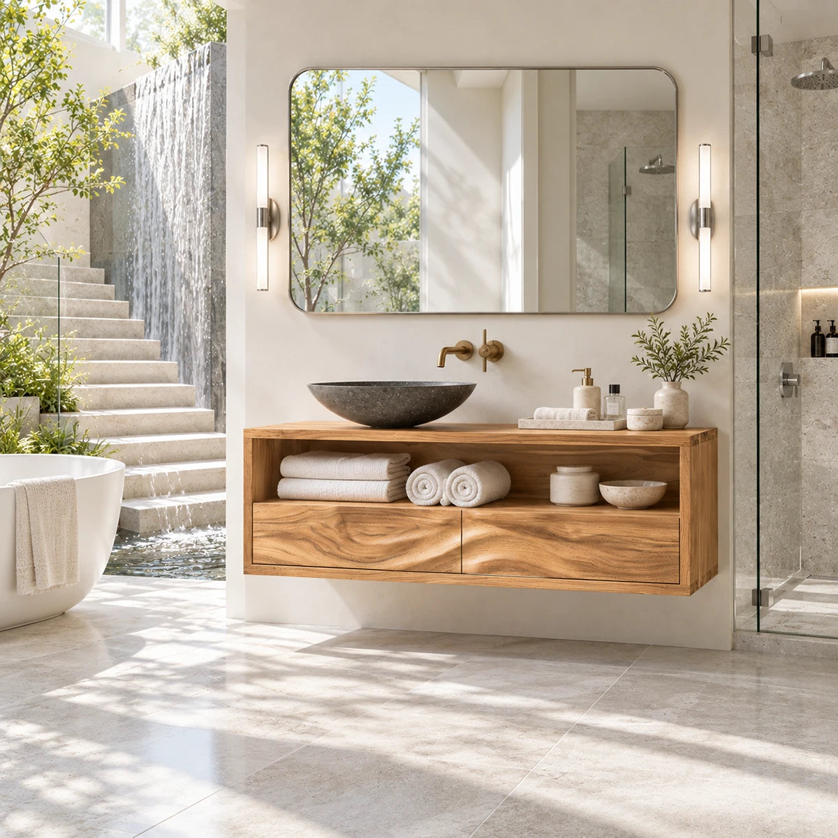 Architectural vanity unit in natural solid wood with open shelf and grounded drawer base