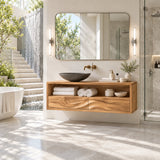 Architectural vanity unit in natural solid wood with open shelf and grounded drawer base
