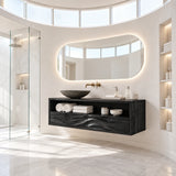 Organic modern bathroom vanity in natural solid wood with shelf storage and two drawers