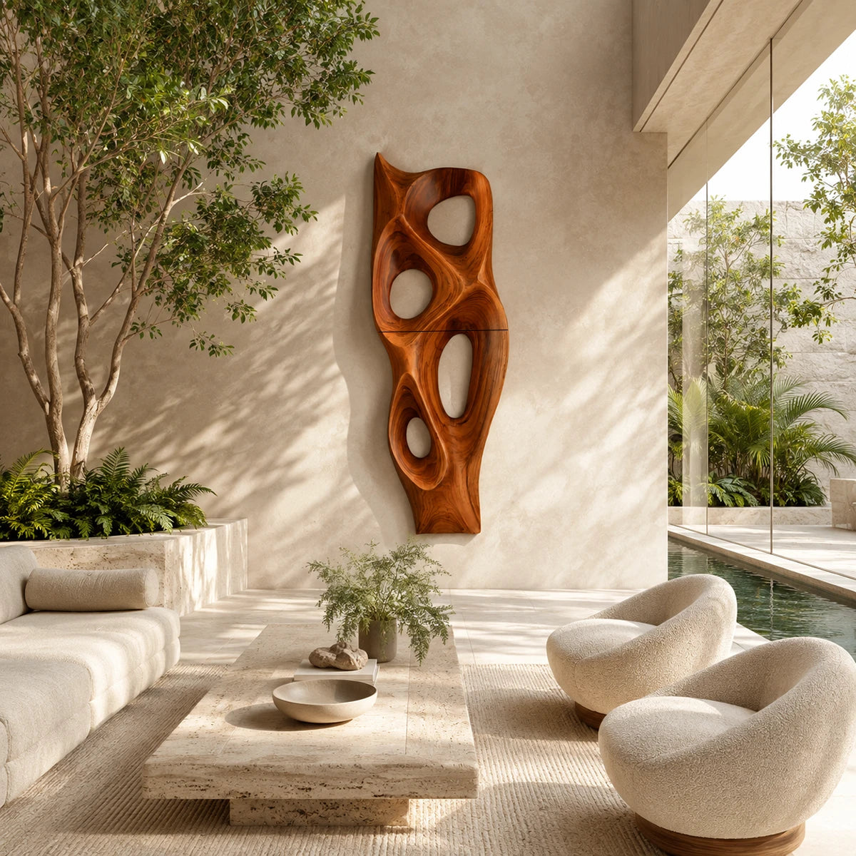 Vertical wall sculpture with four carved openings adds depth to a bright modern interior