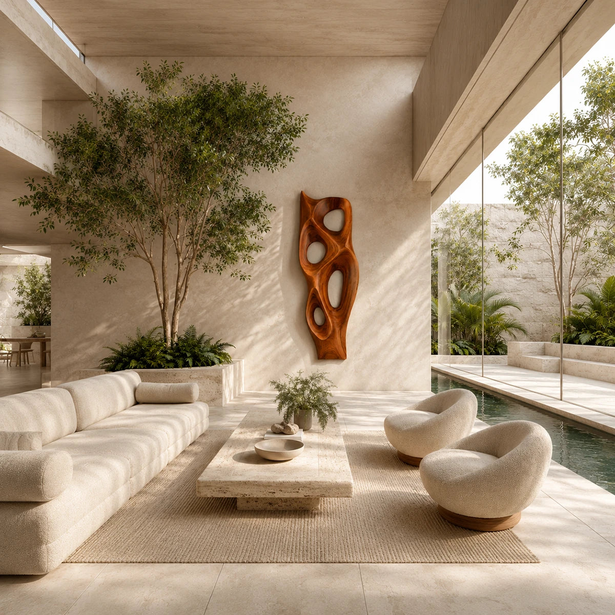 Abstract wall art with flowing cutouts creates a bold focal point in an open living space