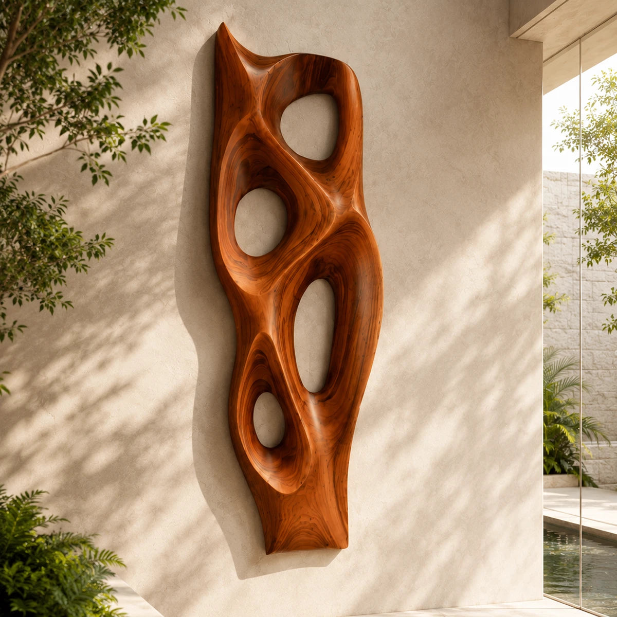 Carved wall decor with open forms introduces movement to a contemporary interior
