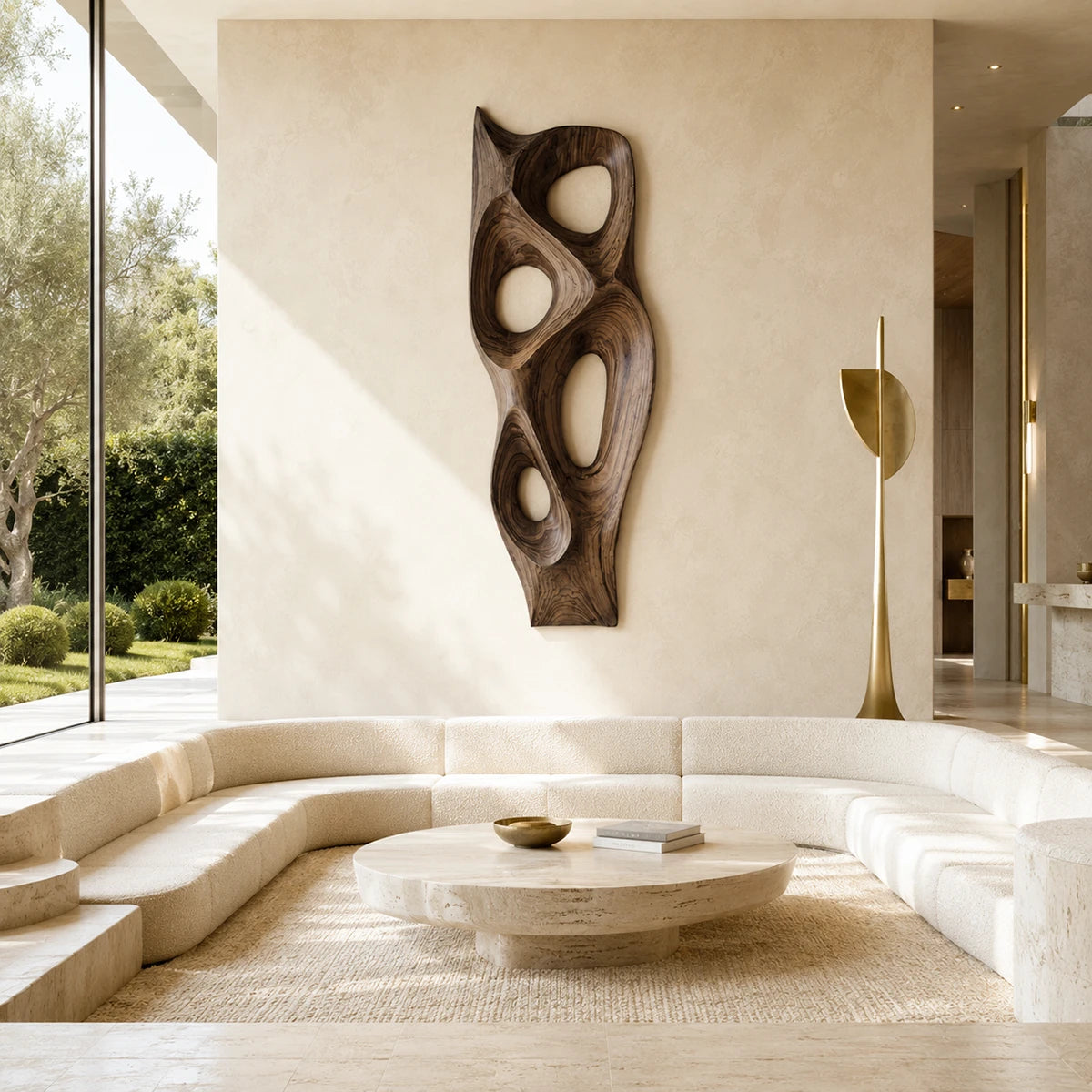 Open form wall art with sculpted contours creates visual rhythm in a spacious living area