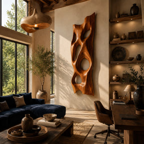Abstract wall sculpture with flowing cutouts adds bold movement to a tall living space