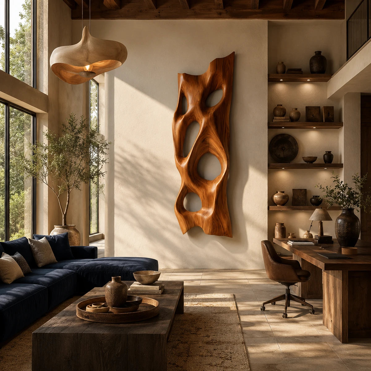 Sculptural wall art with open carved forms creates dramatic depth in a refined interior
