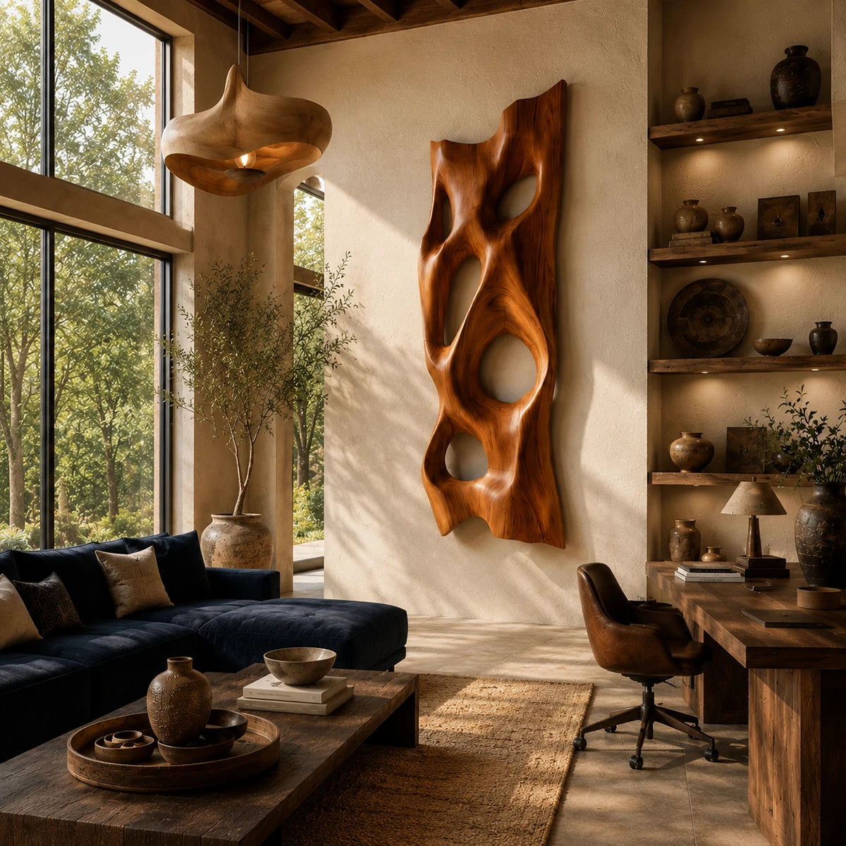 Large wall art panel with sculpted openings brings dimension to a modern lounge setting