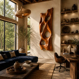 Large wall art panel with sculpted openings brings dimension to a modern lounge setting