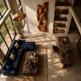 Statement wall sculpture with fluid contours adds architectural character to the room