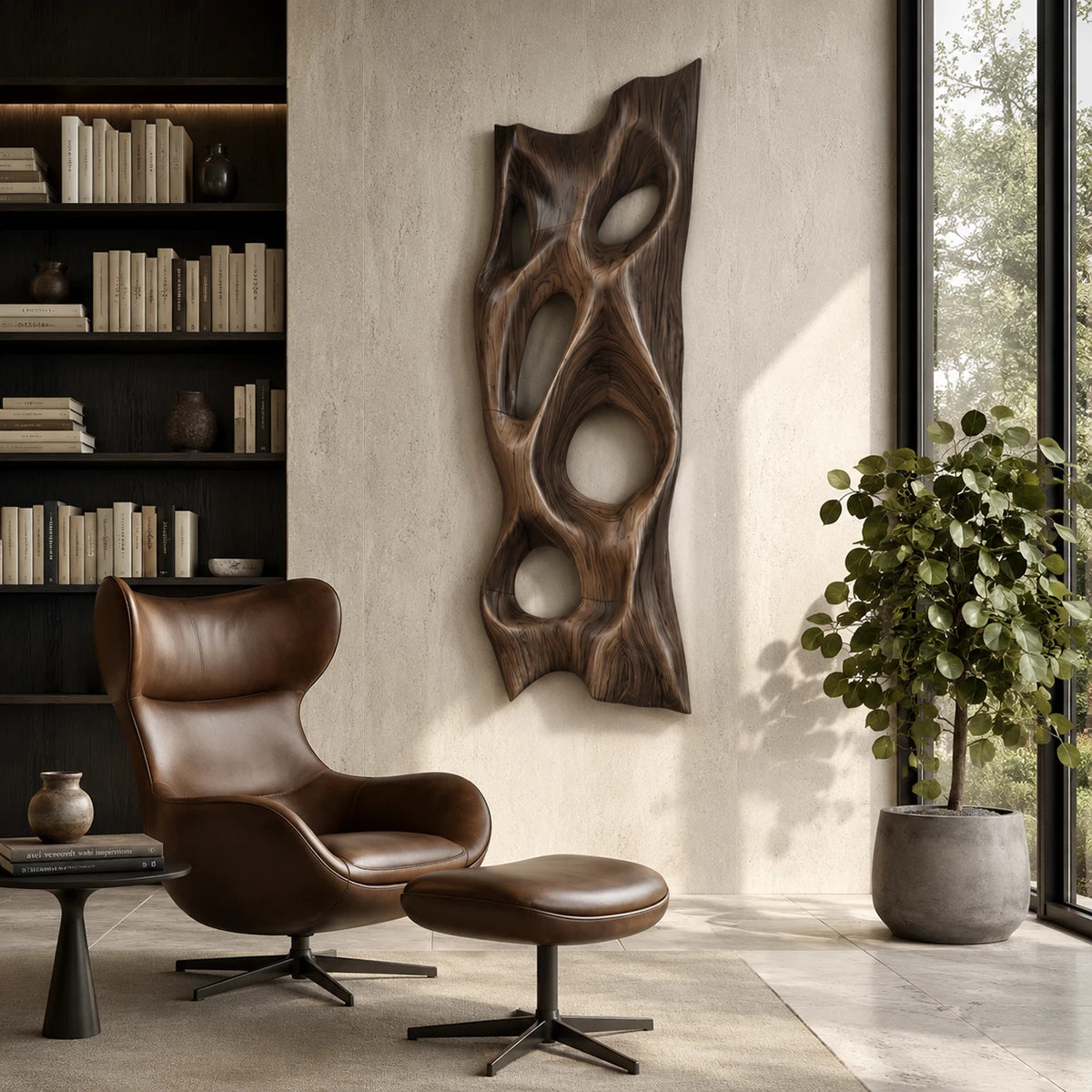 Textured wall art with deep open forms introduces visual rhythm to a contemporary space