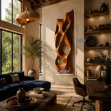 Artistic wall decor with sculpted openings enhances a dramatic modern living room wall