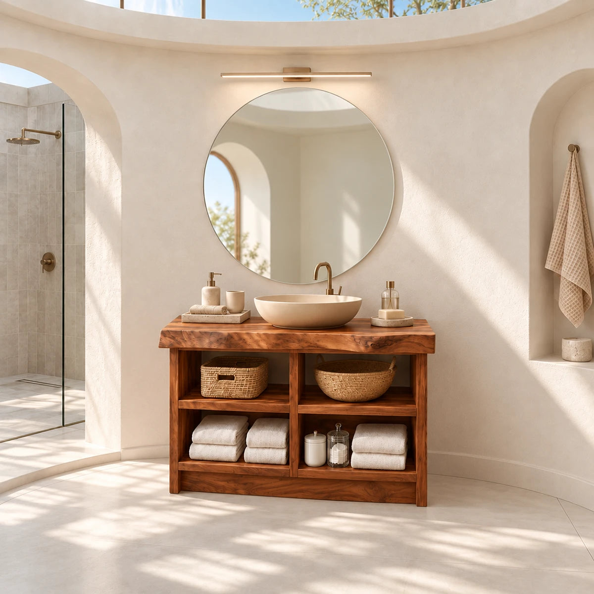 Storage focused bath vanity in natural solid wood with open shelving across the front
