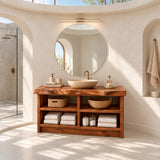Freestanding vanity unit in natural solid wood with organized open shelves for bath linens