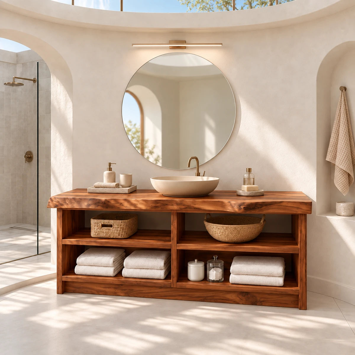 Spacious bathroom furniture in natural solid wood with divided cubbies and towel storage