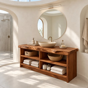 Freestanding bathroom vanity in natural solid wood with open cubbies for linen storage