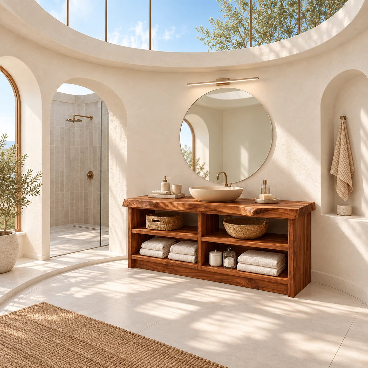 Wide bath console in natural solid wood with divided shelves for towels and woven baskets