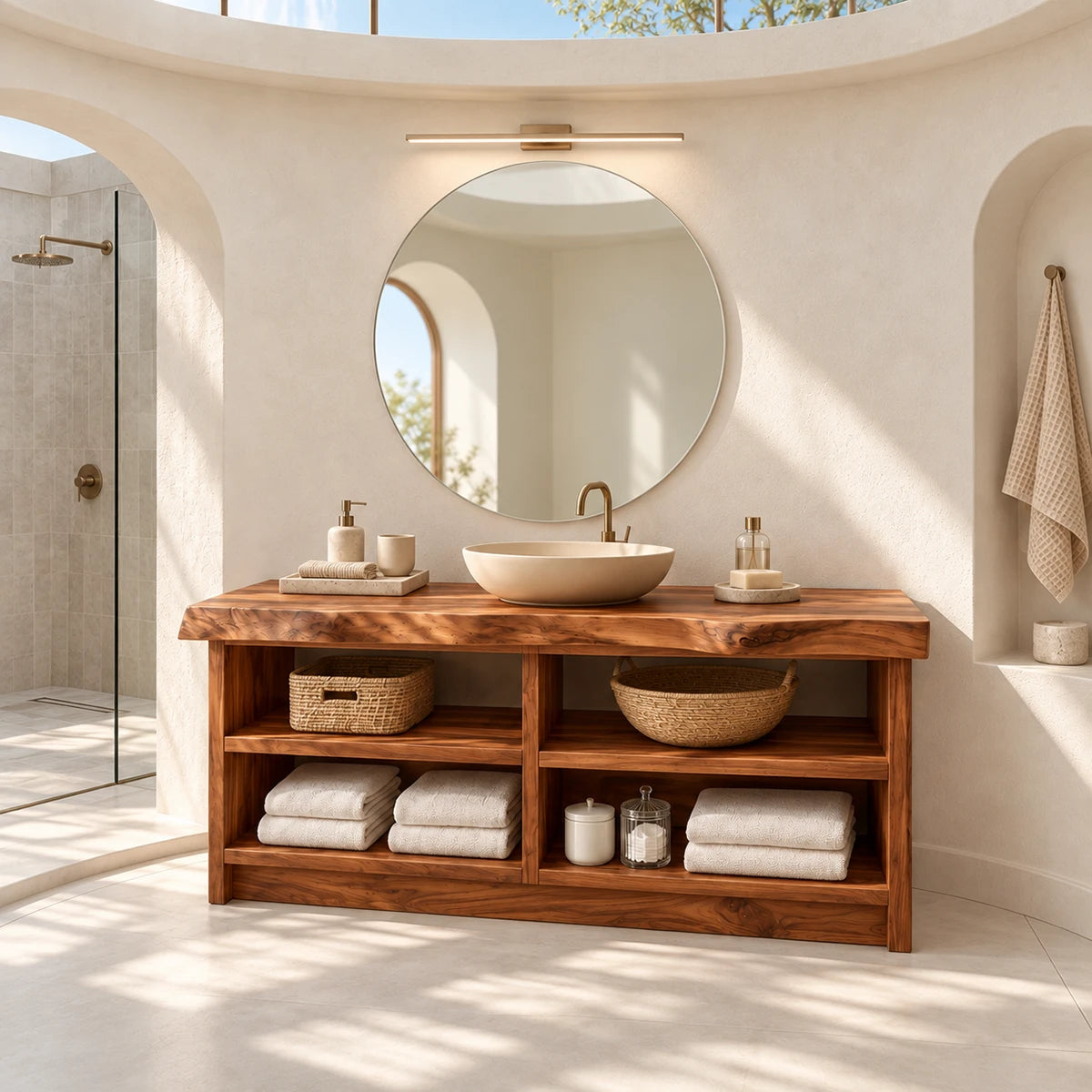 Open storage vanity in natural solid wood with balanced cubbies for linens and bath decor