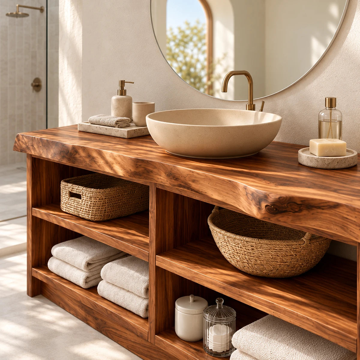 Bathroom organizer in natural solid wood with roomy shelves and basket compartments