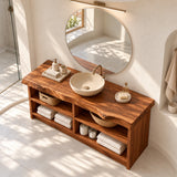 Natural solid wood bath furniture with four open sections for towels and daily essentials
