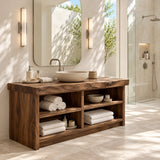 Hotel style bathroom vanity in natural solid wood with layered shelves for folded linens