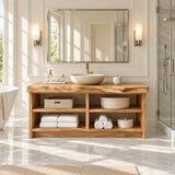 Large vanity console in natural solid wood with open compartments and woven basket storage
