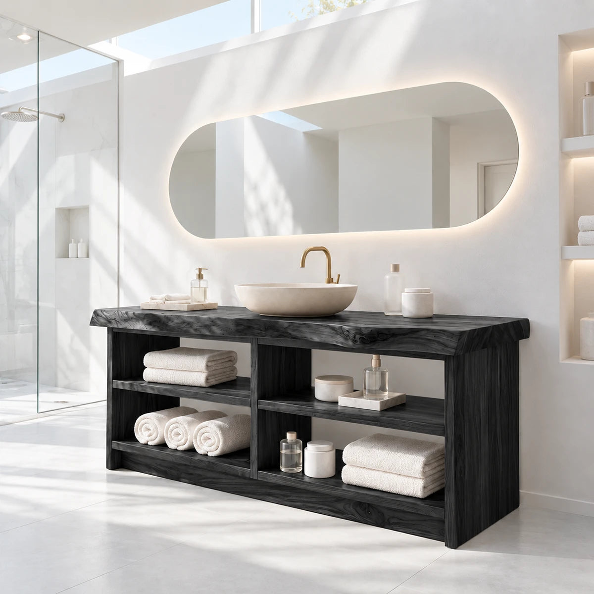 Airy bathroom vanity in natural solid wood with symmetrical shelving and generous storage